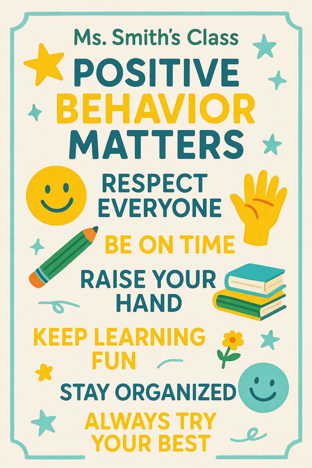 Classroom Rules Poster template with colorful, playful design