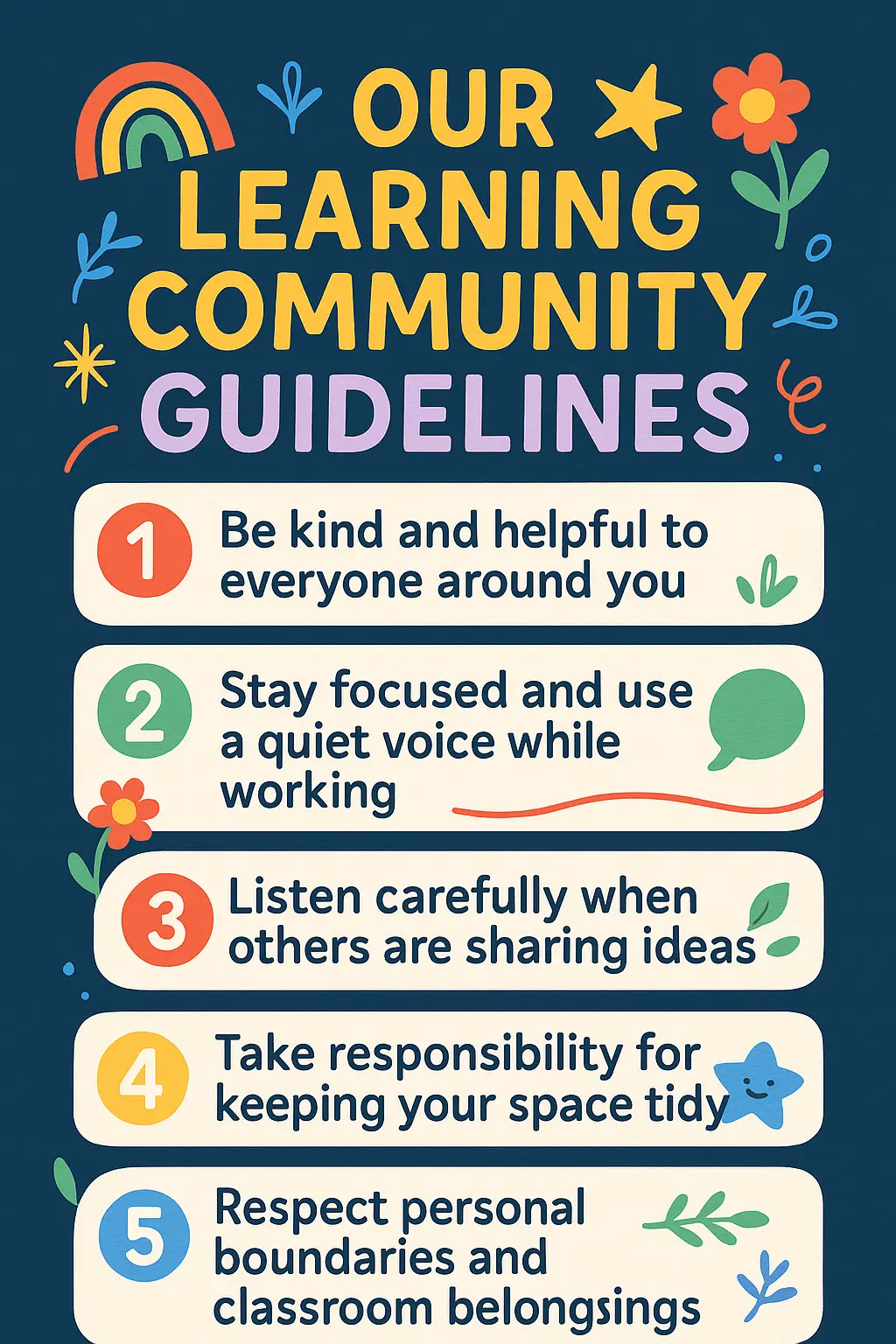 Colorful Classroom Rules Poster template with illustrated icons and fun layout