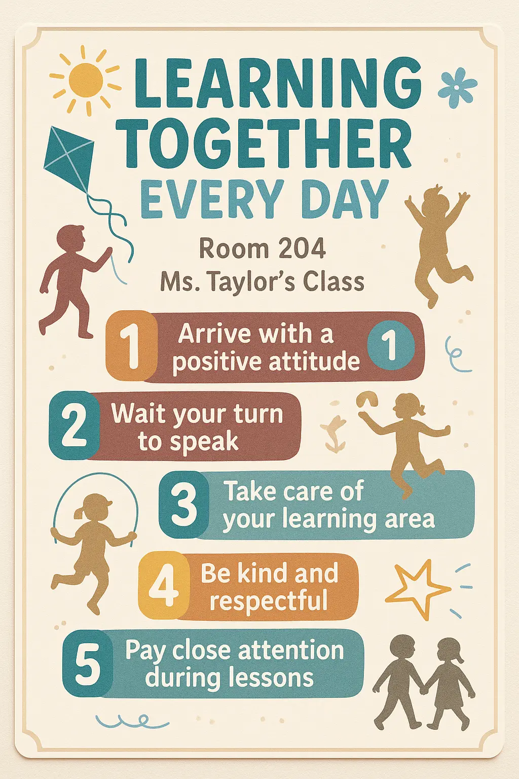 Playful Classroom Rules Poster template with illustrated kids and bold colors