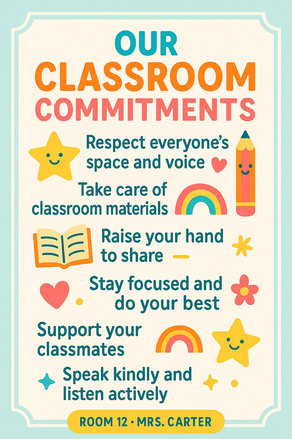 Colorful Classroom Rules Poster template with cheerful icons