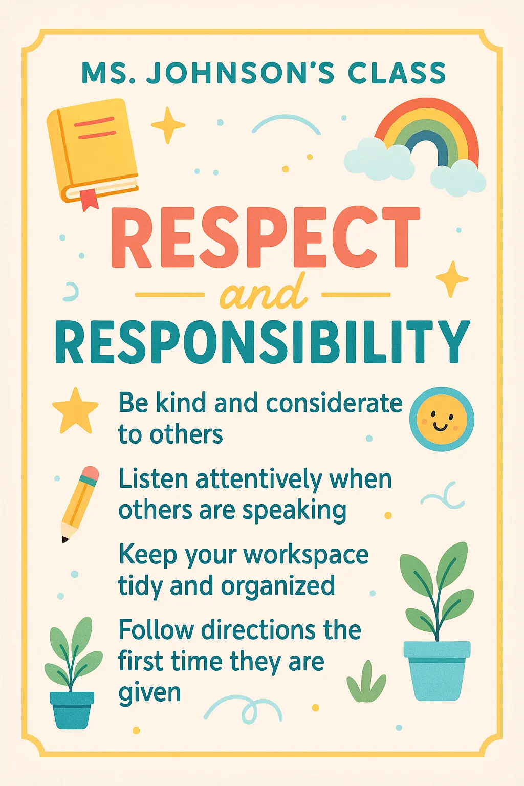 Classroom Rules Poster template with colorful design and playful illustrations