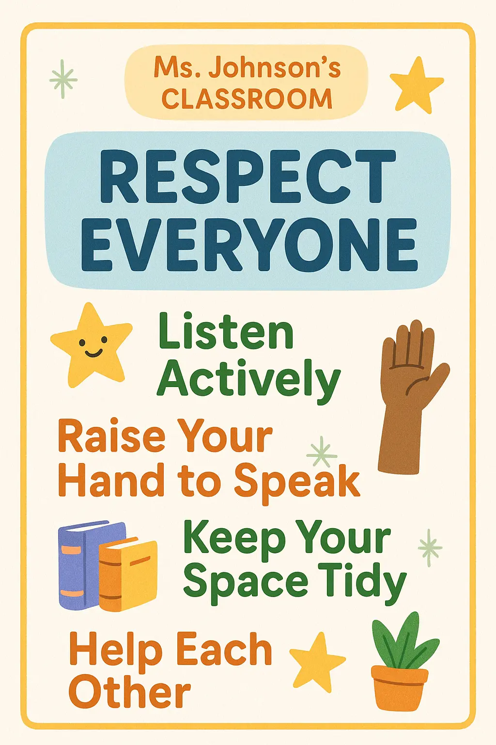 Classroom Rules Poster template with bold text and playful illustrations