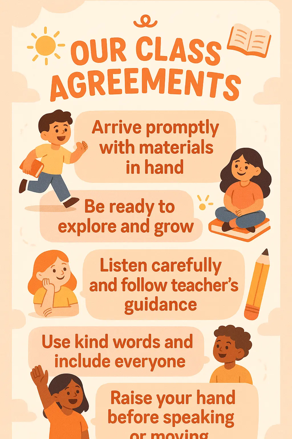 Bright Classroom Rules Poster template with cartoon children and icons