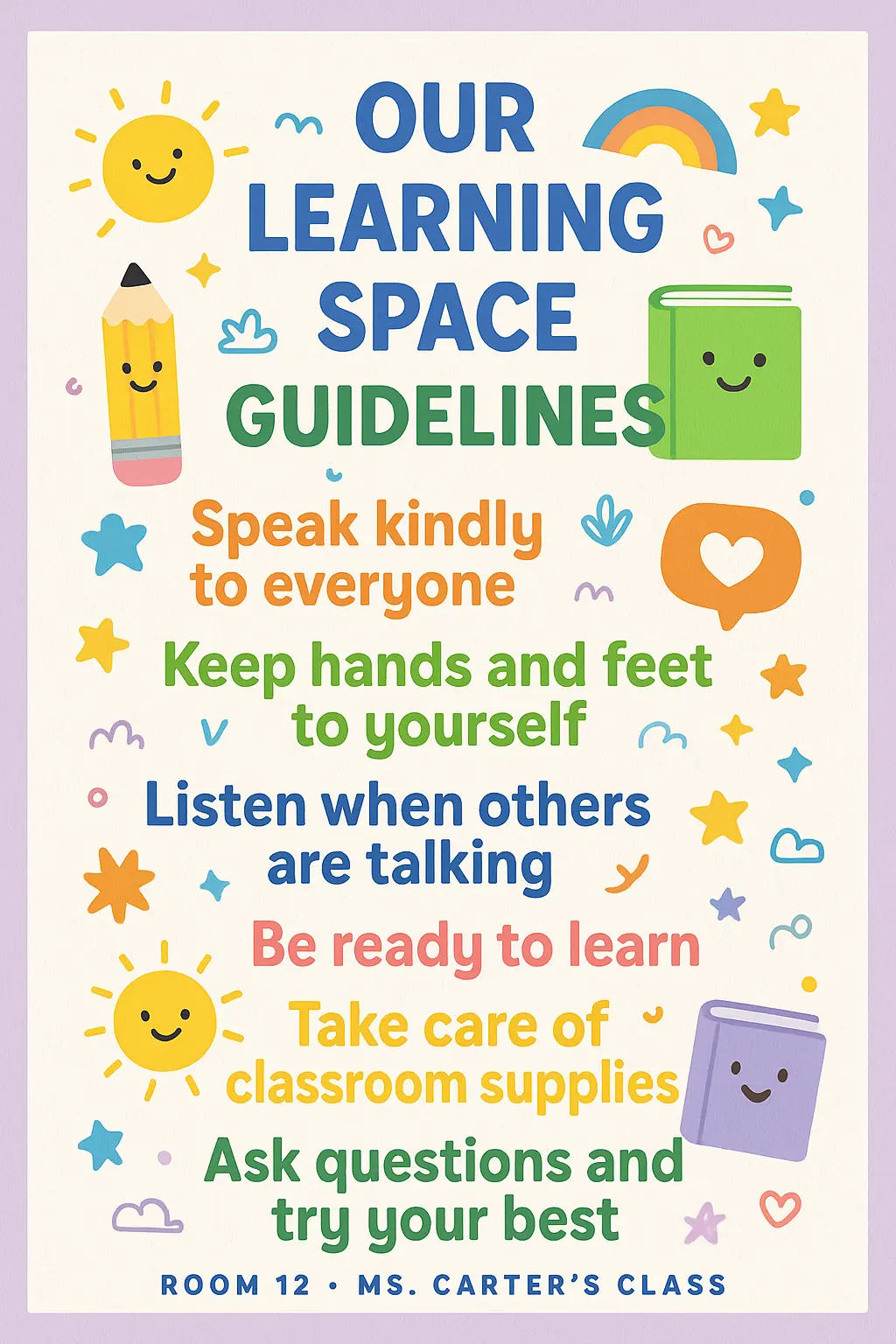 Colorful Classroom Rules Poster template with playful icons