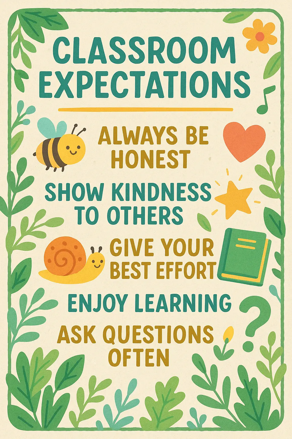 Classroom Rules Poster template with colorful foliage and friendly animal illustrations