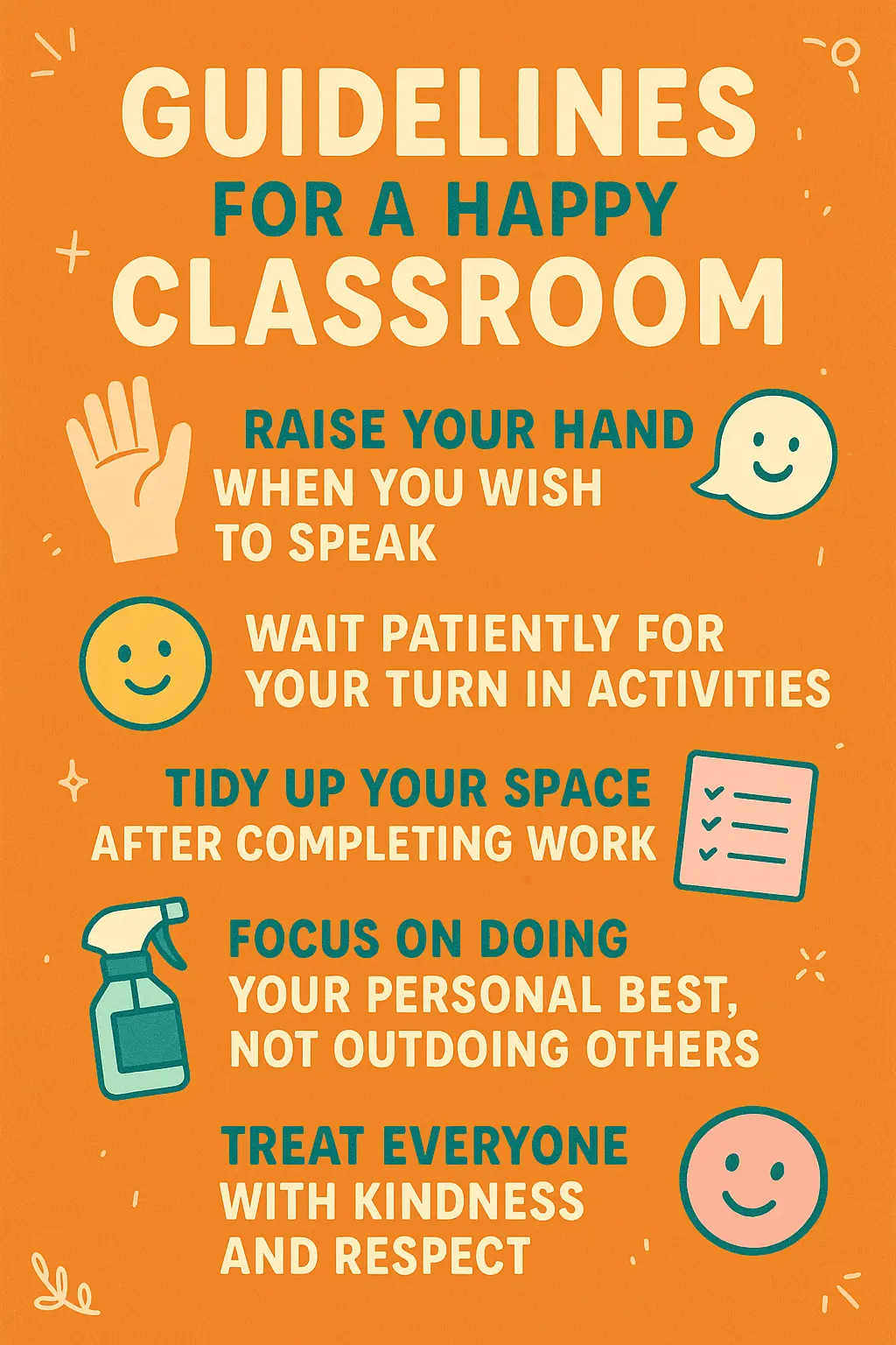 Colorful Classroom Rules Poster template with playful icons and clear rules
