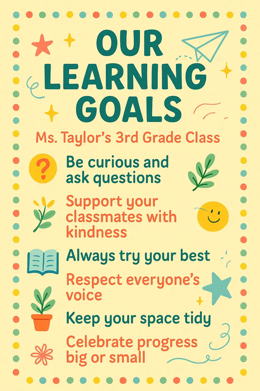 Colorful Classroom Rules Poster template with cheerful icons and rules