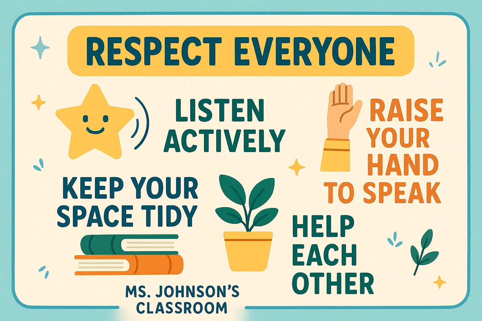 Bright Classroom Rules Poster template with cartoon children and icons