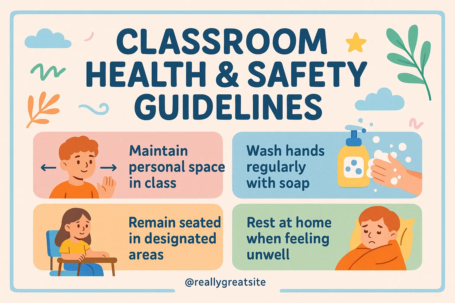 Playful Classroom Rules Poster template with colorful leaves and bold text