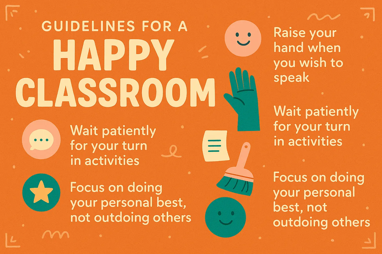 Colorful Classroom Rules Poster template with cheerful icons and rules