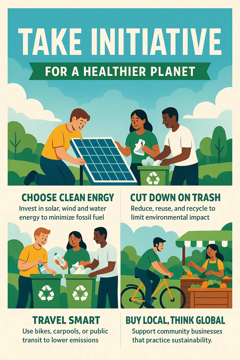 Climate Change Poster template with clean icons and climate action tips
