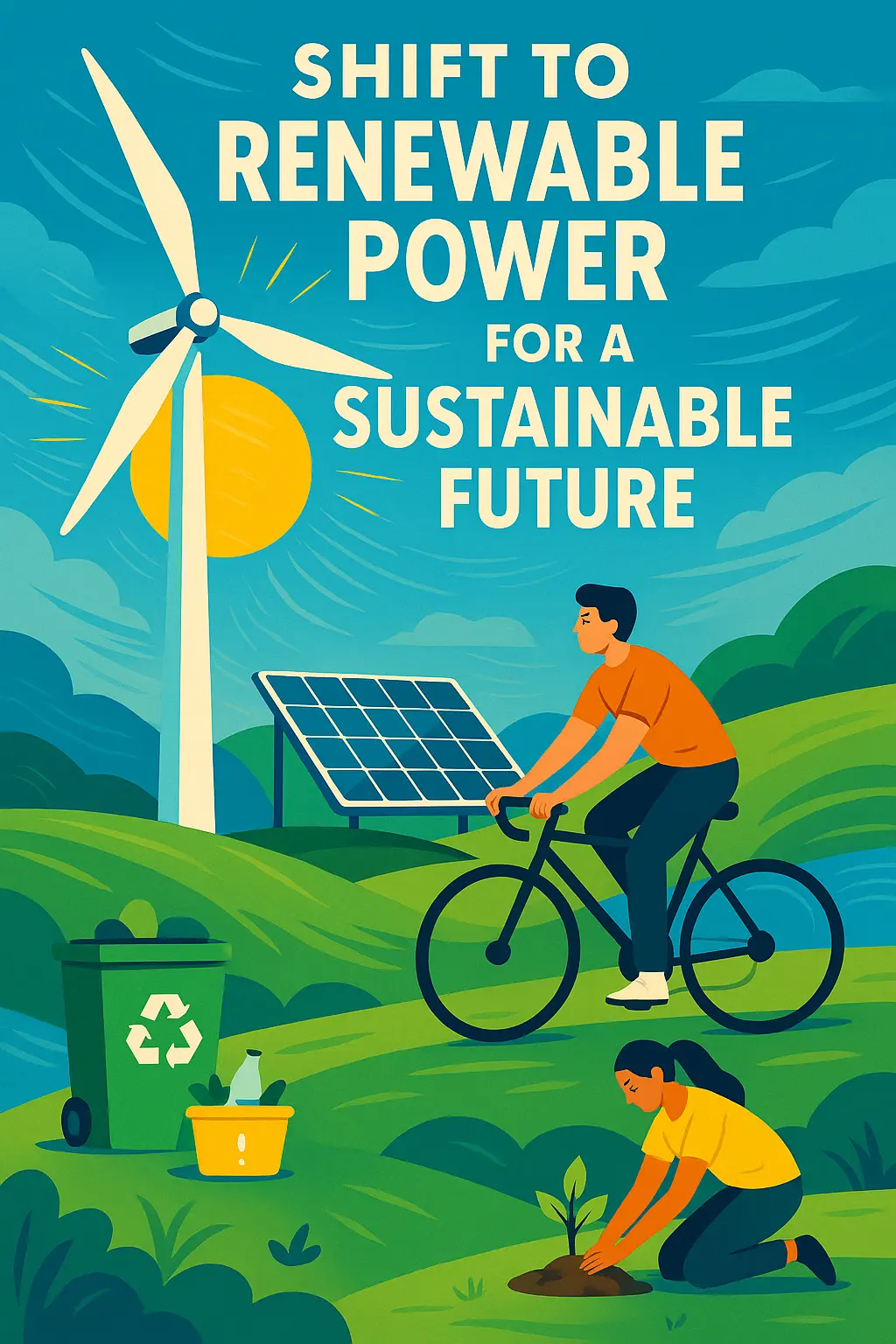 Climate Change Poster template featuring renewable energy, recycling, and sustainable actions.