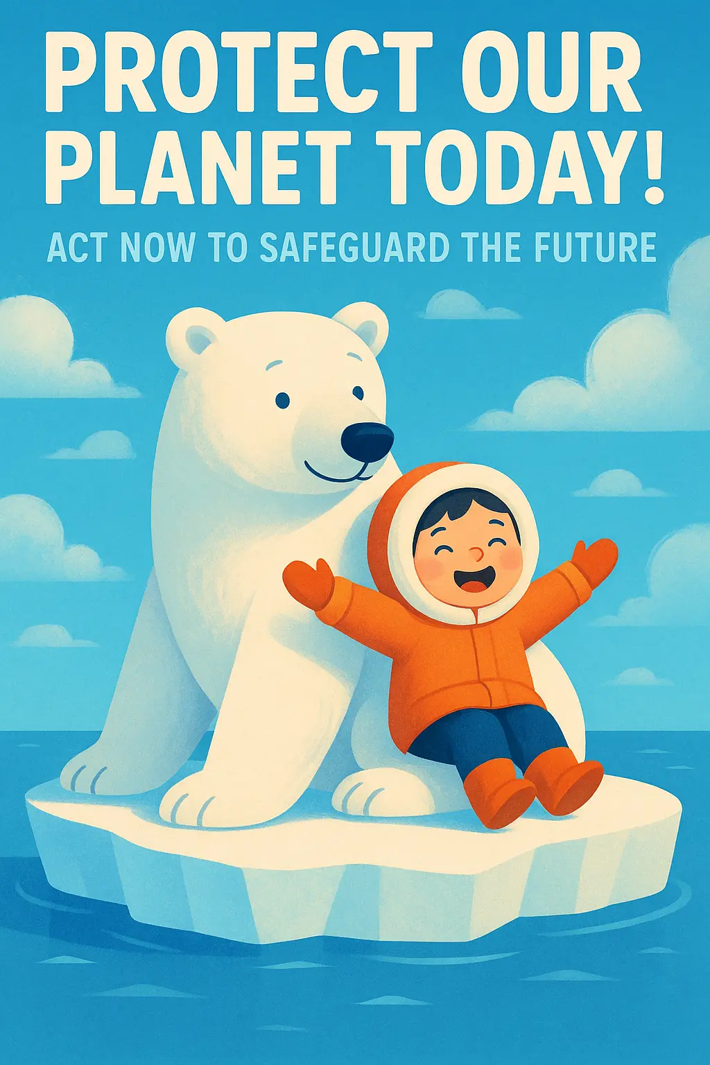 Climate Change Poster template with polar bear and child on ice floe.