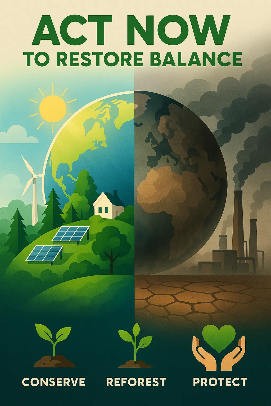 Climate Change Poster template showing green vs polluted Earth