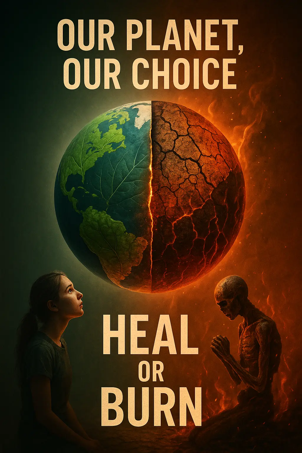 Climate Change Poster template with split Earth and fire contrast