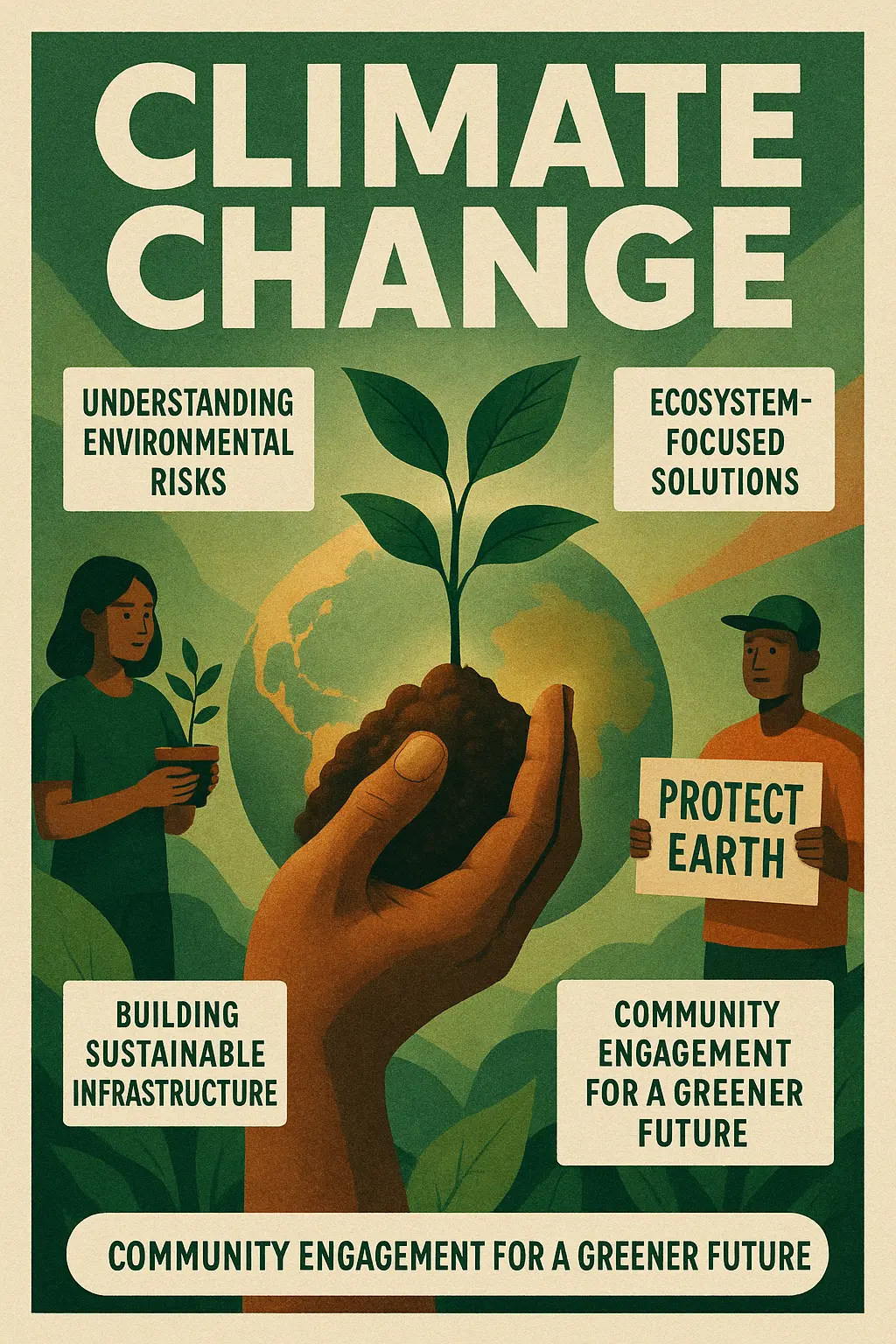 Climate Change Poster template with green tones, a hand holding a plant, and climate action messages.