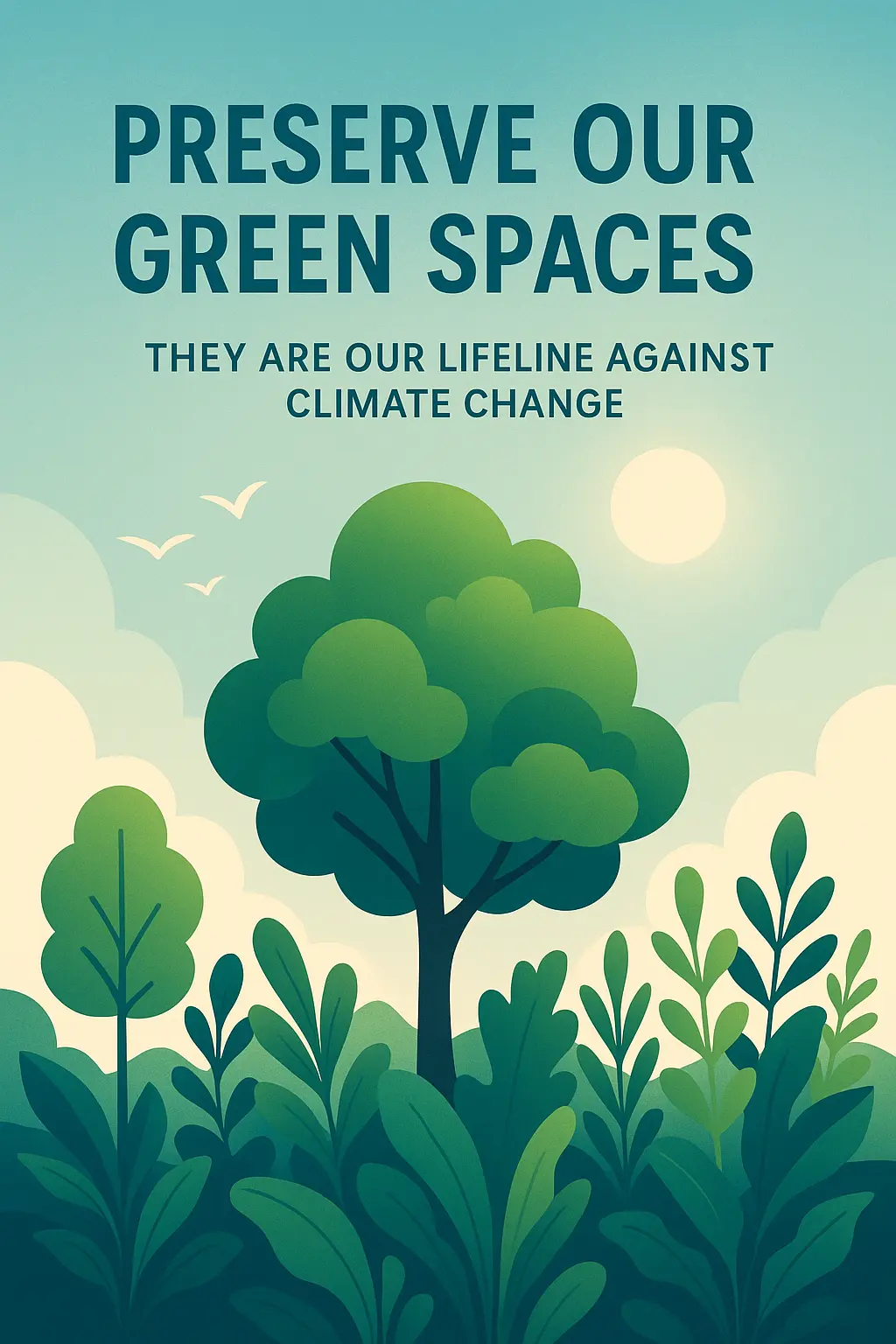 Climate Change Poster template showcasing trees and plants with a hopeful environmental message.