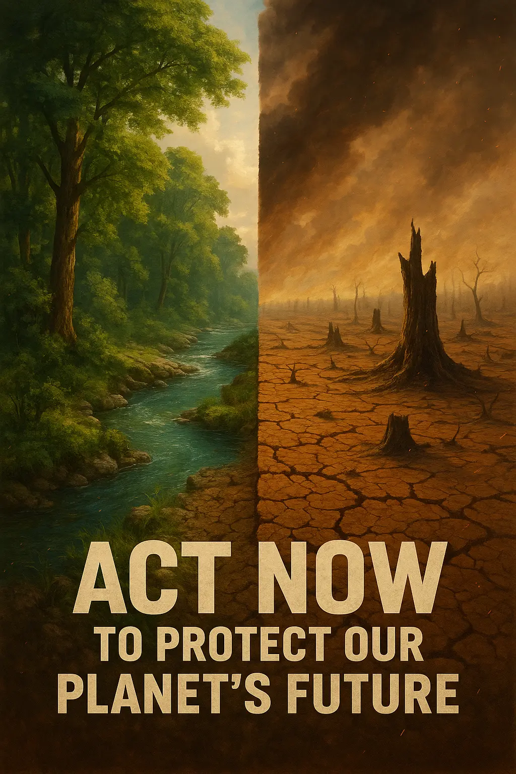 Climate Change Poster template showing forest vs desert split