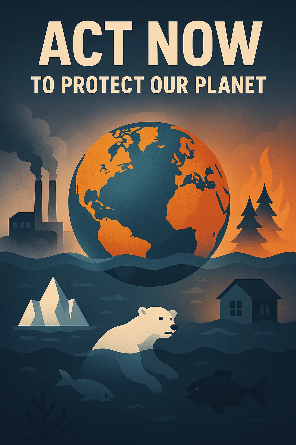 Climate Change Poster template with Earth, floods, and pollution