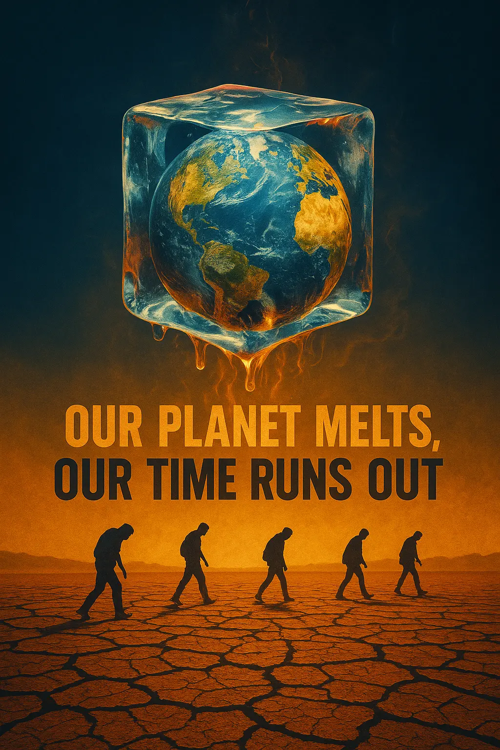Climate Change Poster template with melting Earth in ice cube