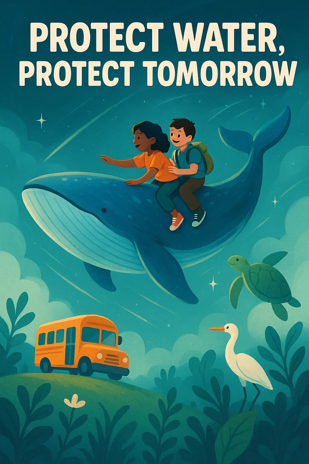 Whimsical Climate Change Poster template with children riding a flying whale