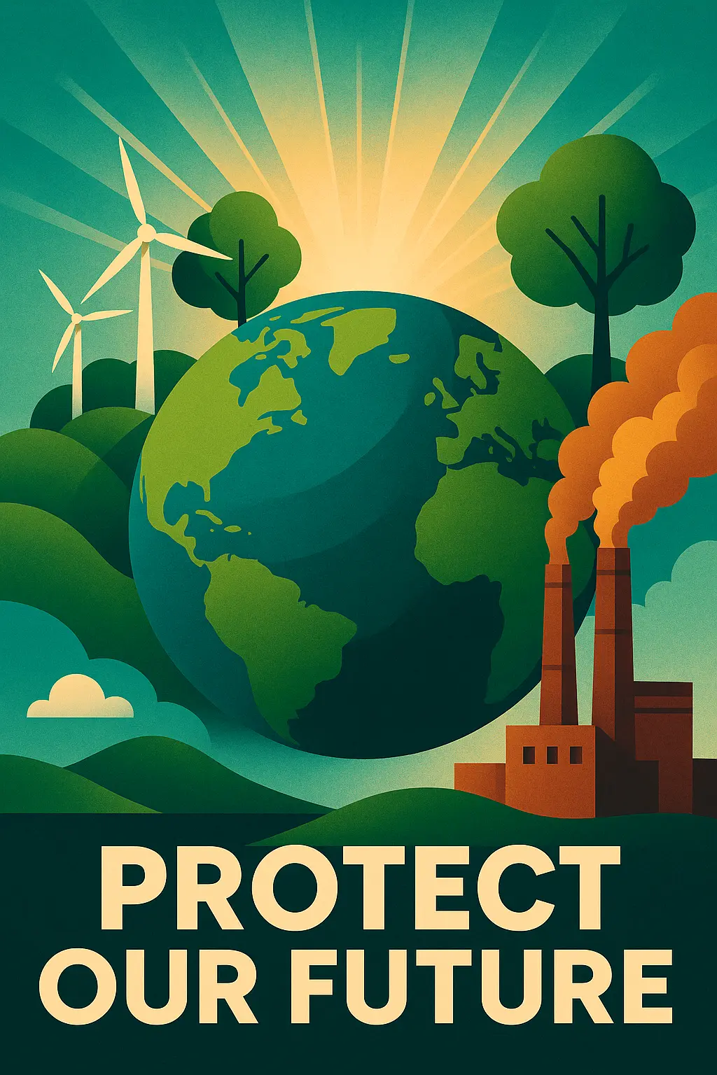 Climate Change Poster template with Earth, nature, and industry elements