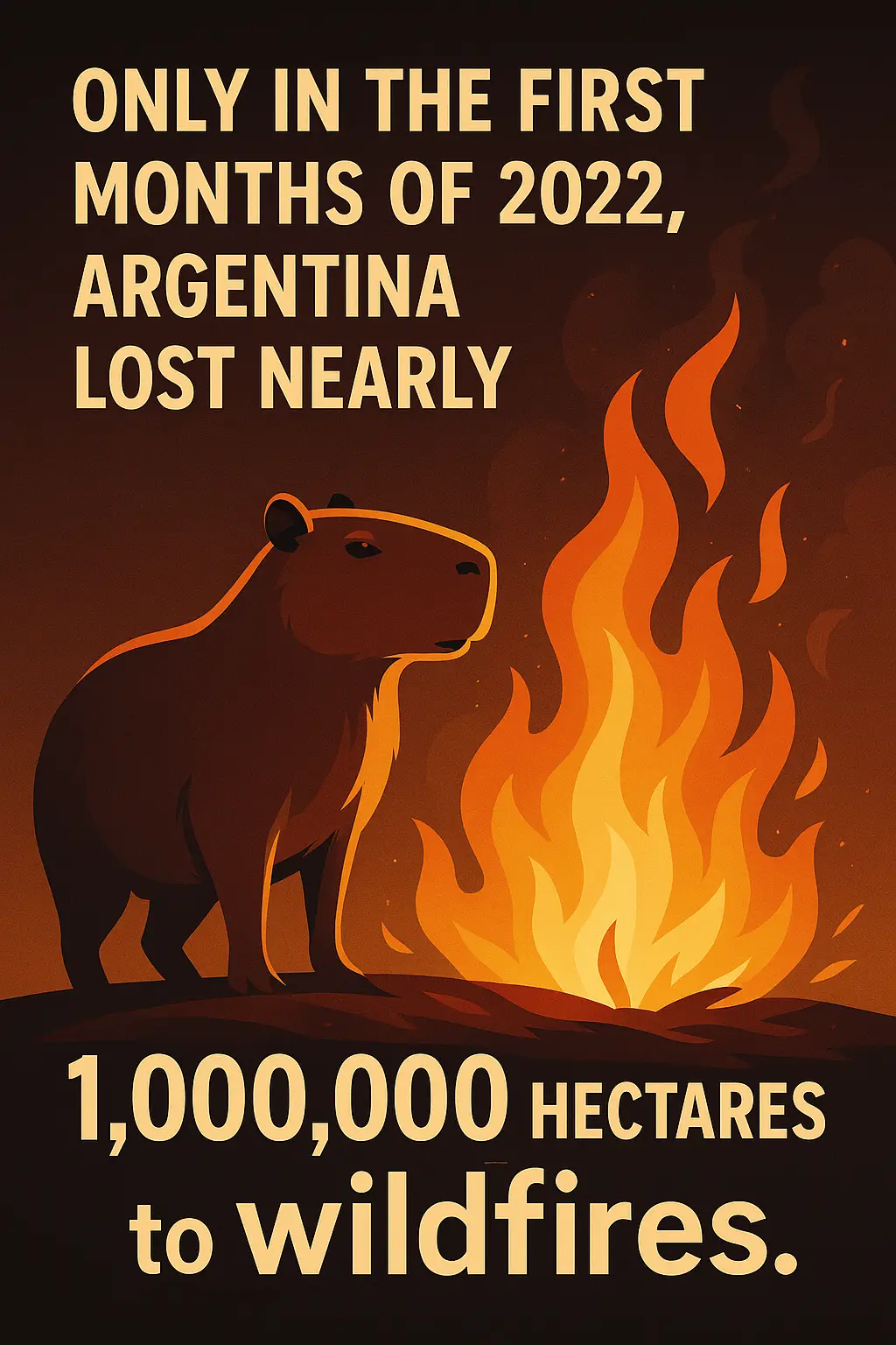 Climate Change Poster template with capybara and wildfire flames