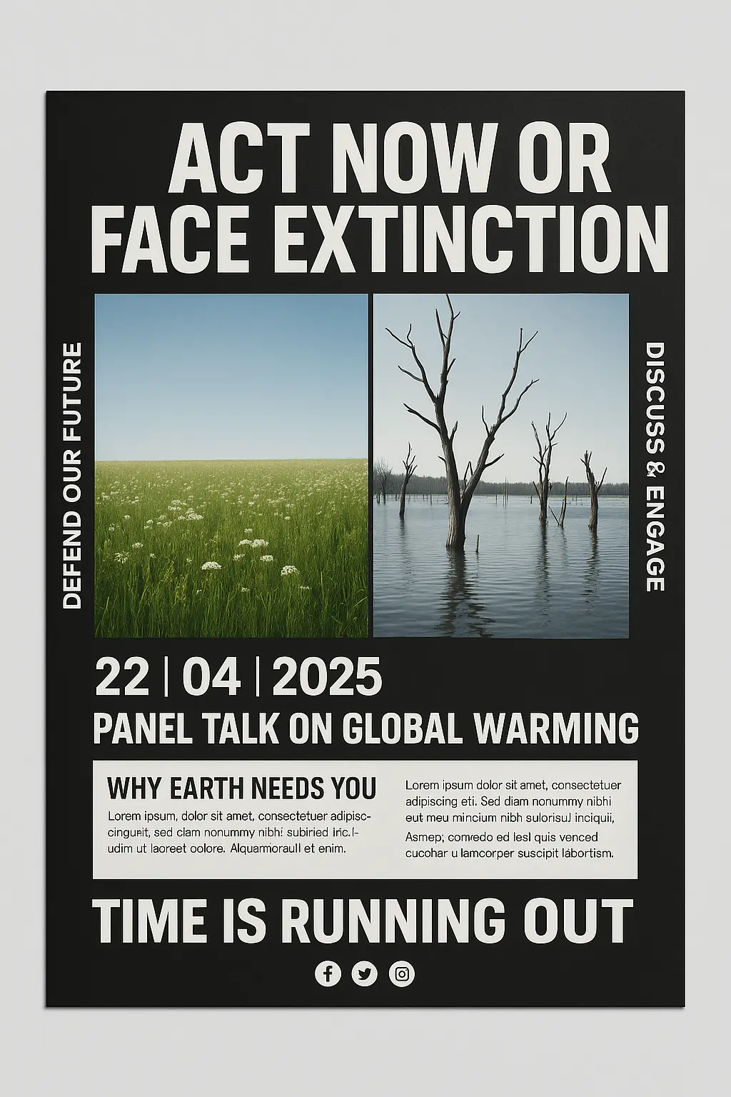 Climate Change Poster template with split nature scenes and bold call to action