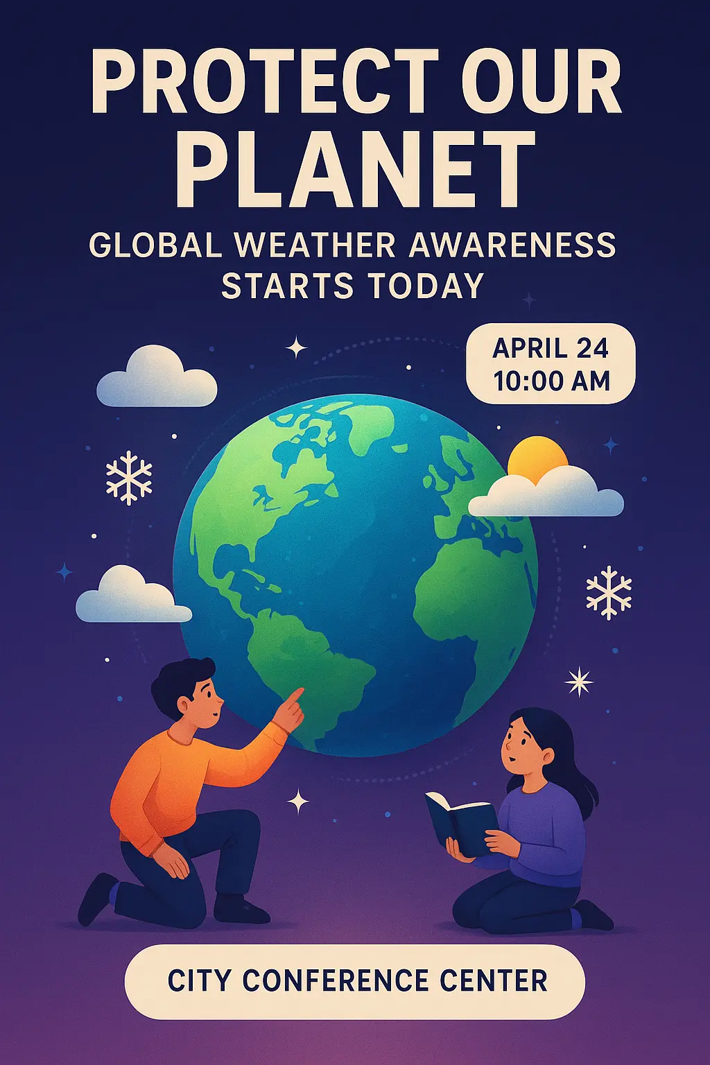 Colorful Climate Change Poster template with illustrated Earth and clouds