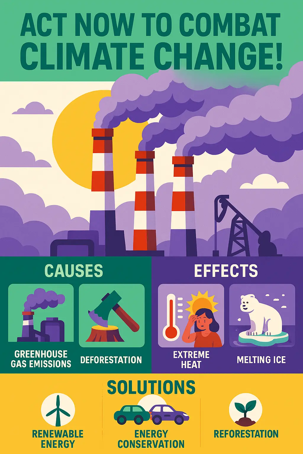 Bright and modern Climate Change Poster template with illustrated sections