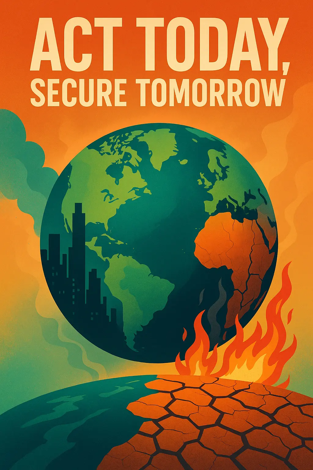 Climate Change Poster template with Earth, cities, and fire.