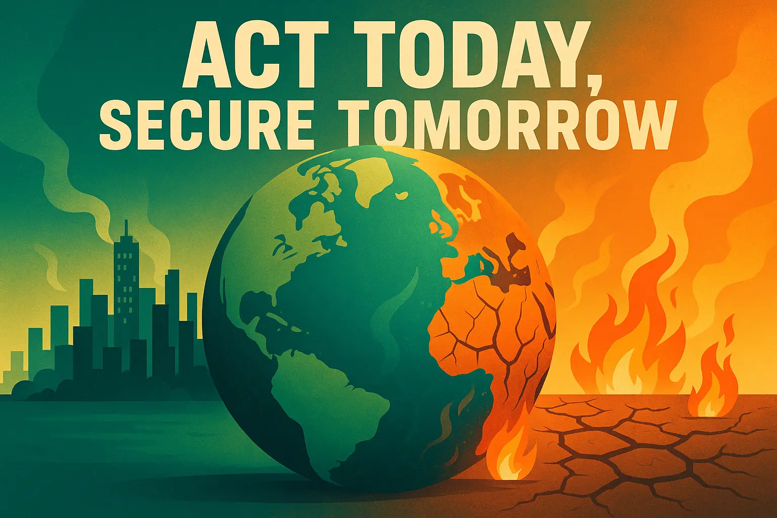 Climate Change Poster template featuring renewable energy, recycling, and sustainable actions.