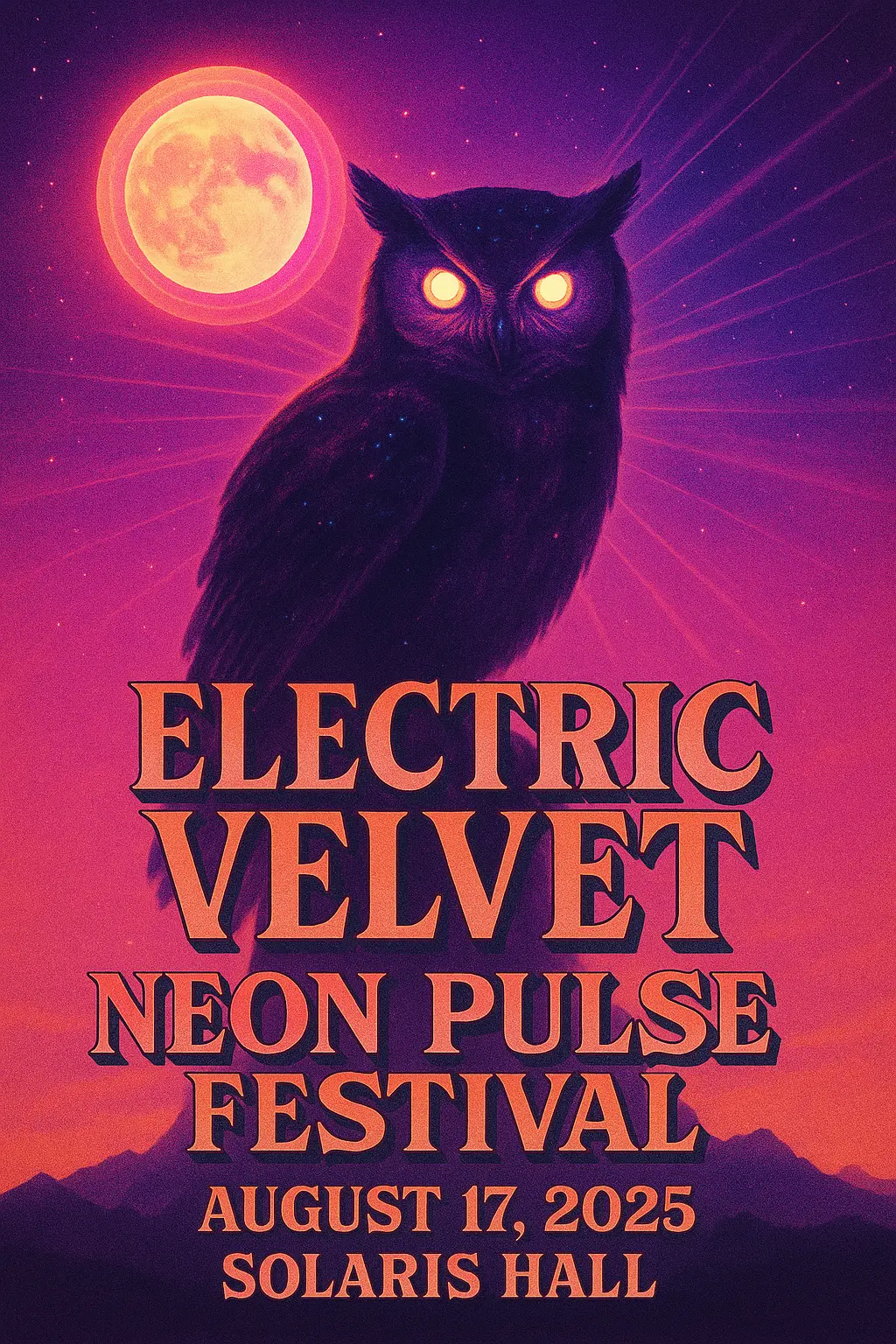 Concert Poster template with owl, moon, and neon sky
