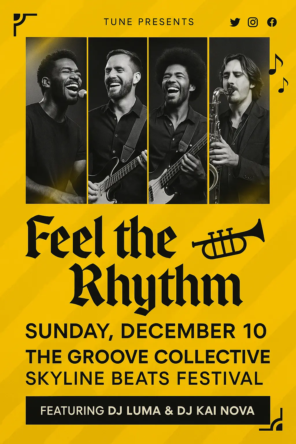 Modern yellow Concert Poster template with singing band and bold typography