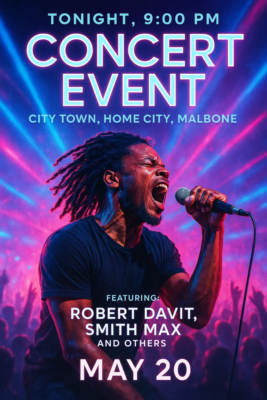 Concert Poster template featuring singer with vibrant lighting, crowd, and event details