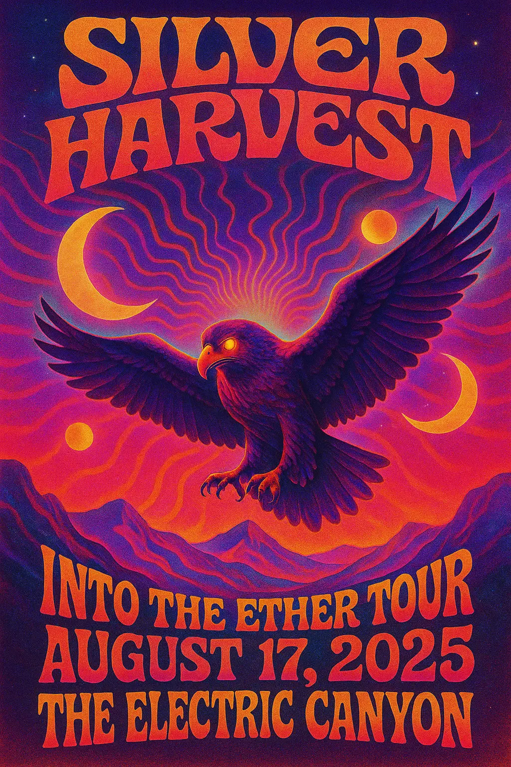Psychedelic Concert Poster template with eagle and neon moons