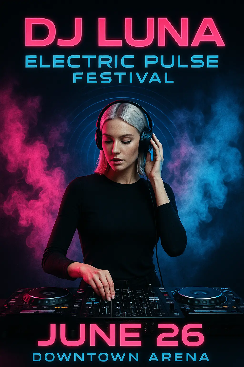 Modern Concert Poster template with female DJ and neon smoke