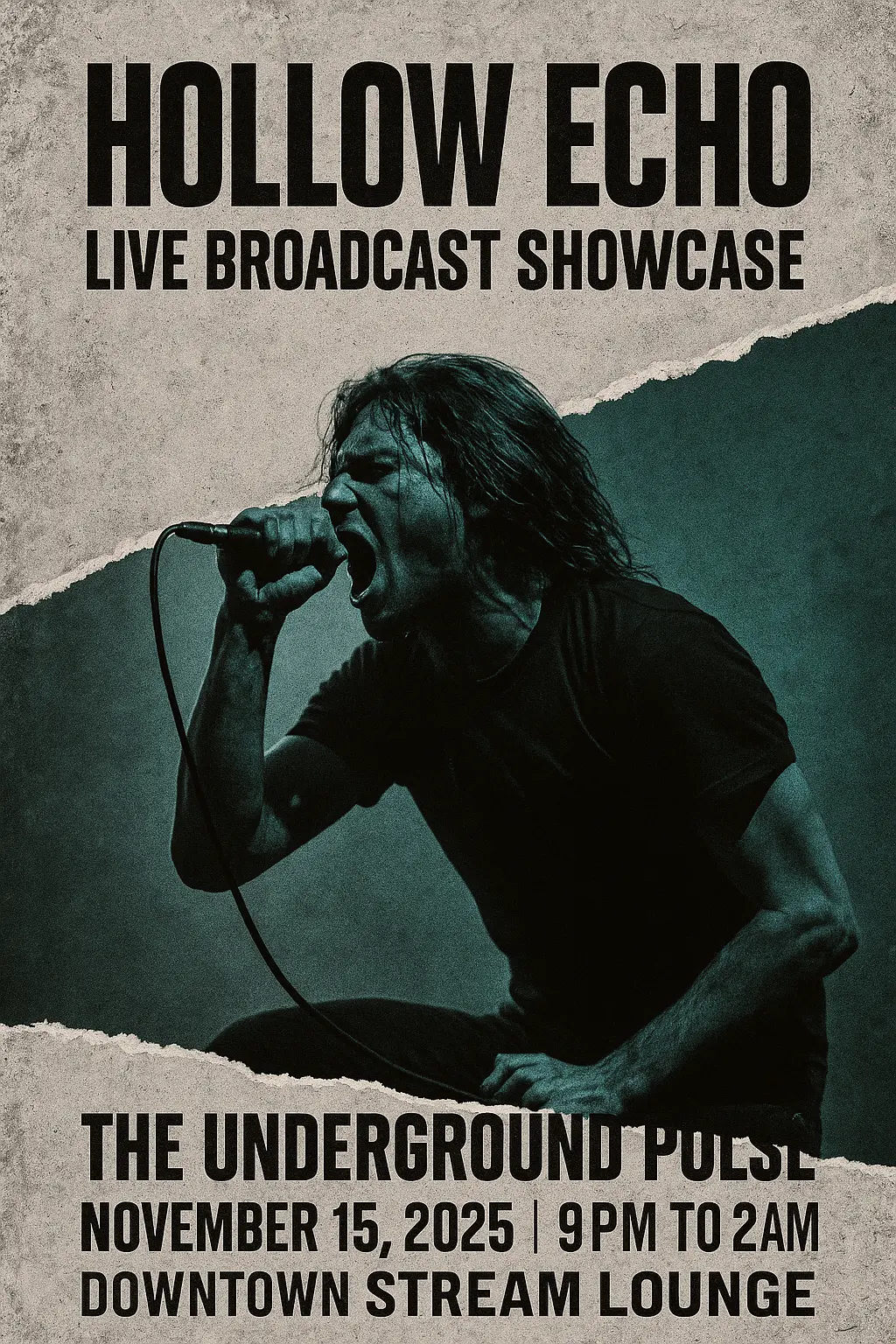 Grunge Concert Poster template with torn collage and teal overlay