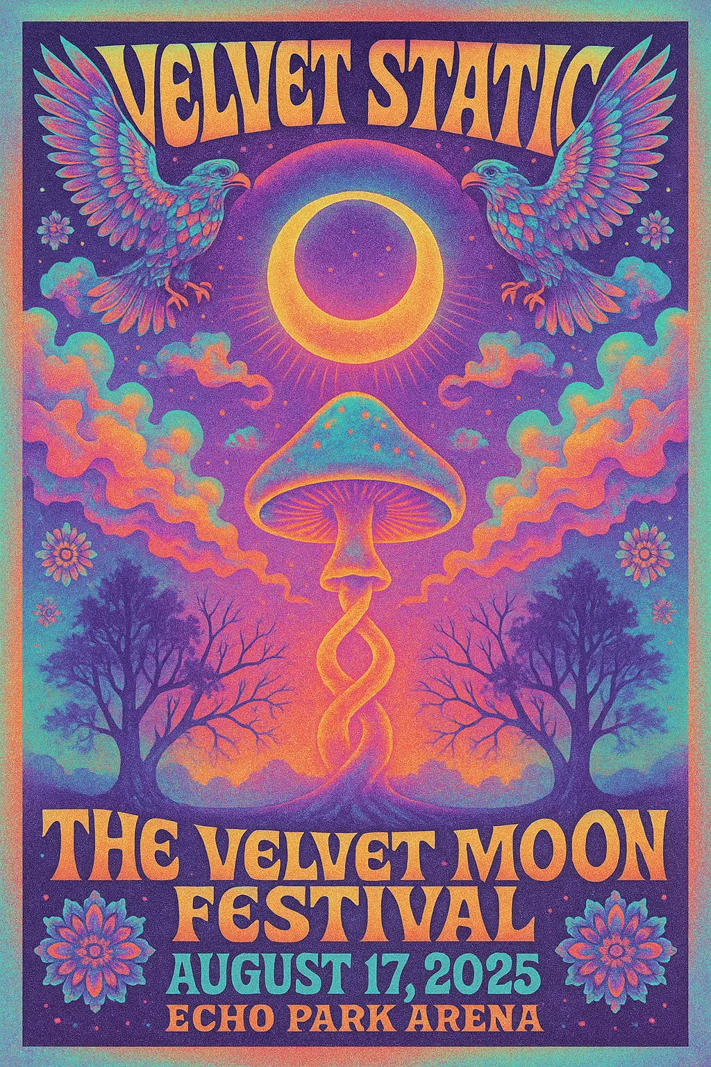 Psychedelic Concert Poster template with neon mushroom and surreal motifs