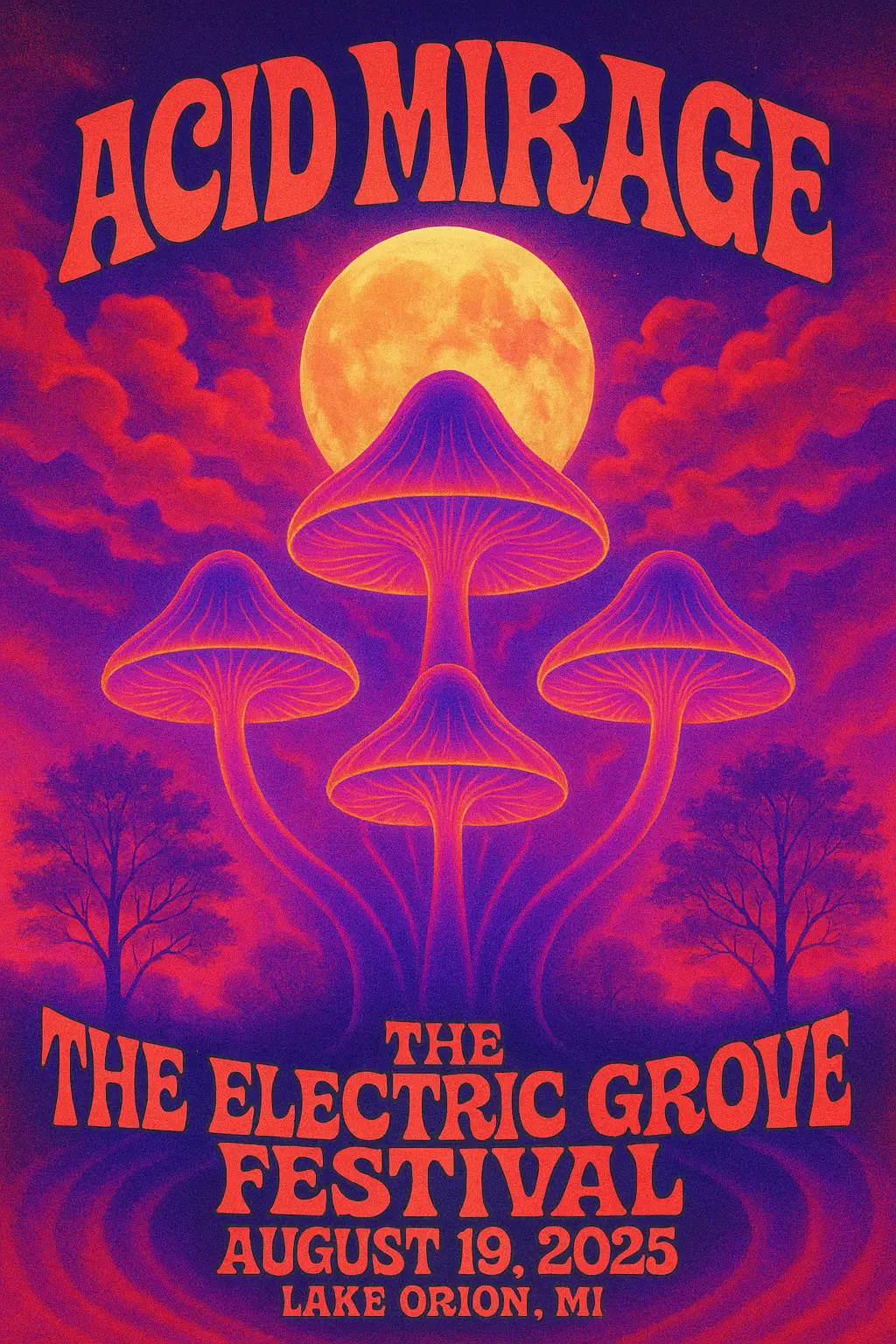 Psychedelic Concert Poster template with mushrooms and glowing moon
