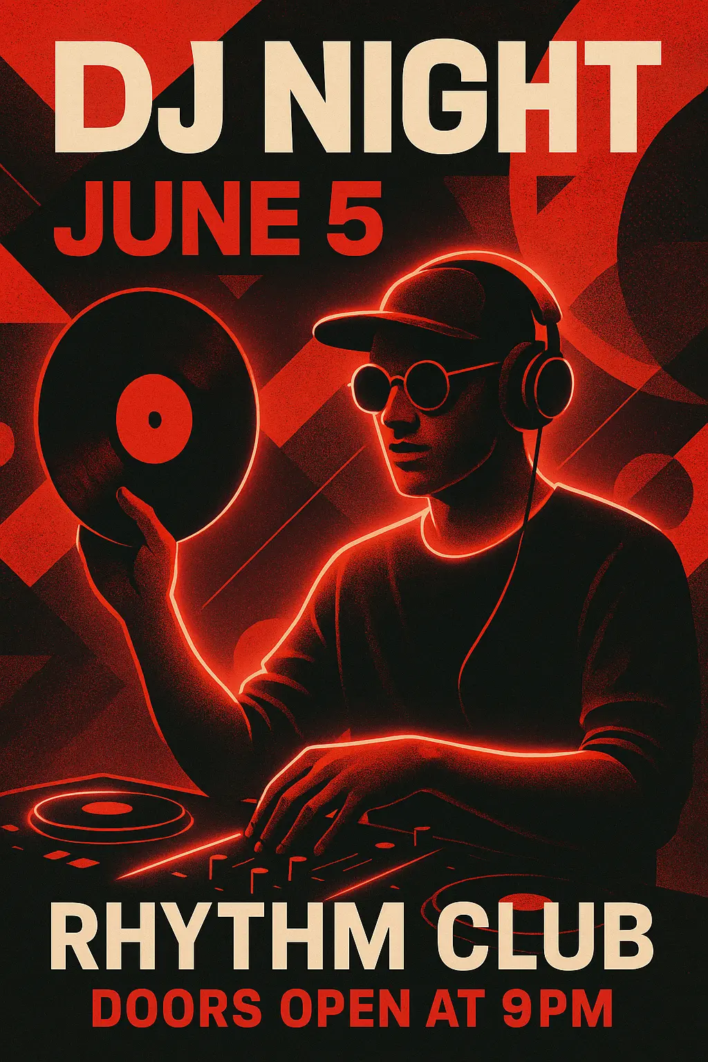 Concert Poster template featuring DJ Night at Rhythm Club with geometric patterns.