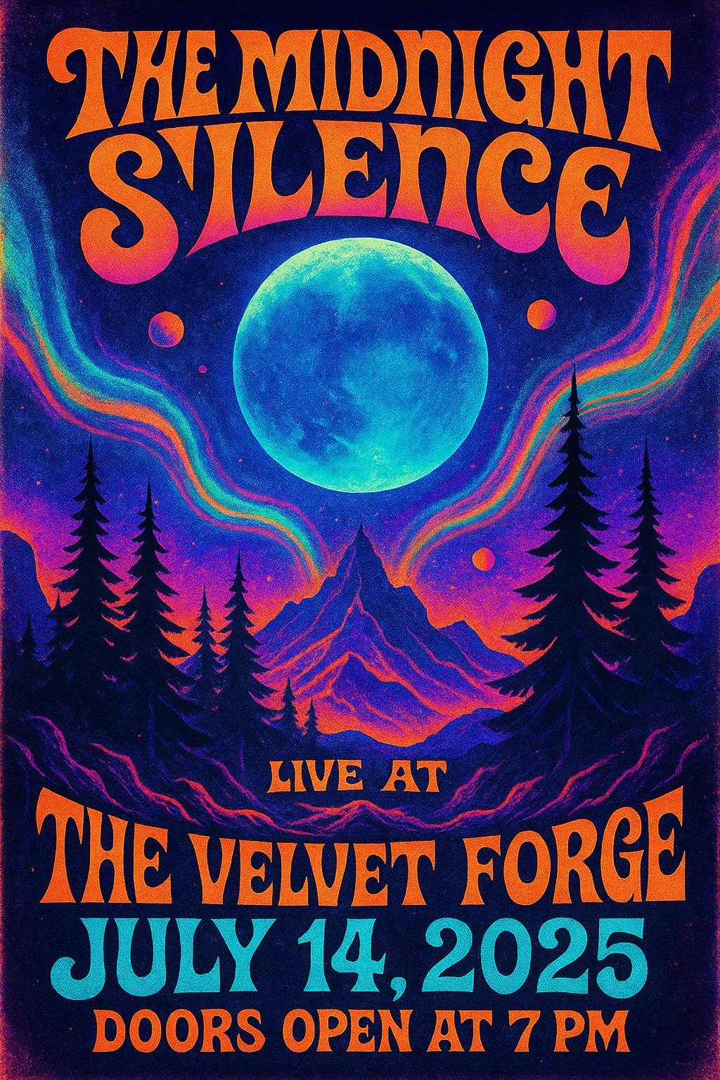 Psychedelic Concert Poster template with moonlit surreal landscape
