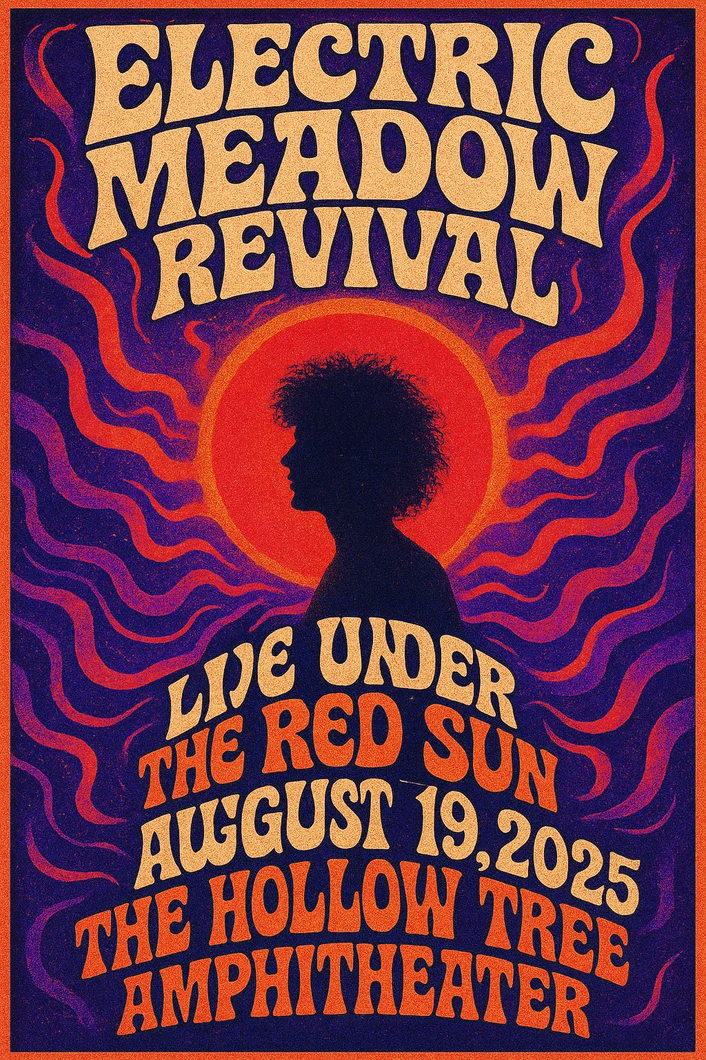 Psychedelic Concert Poster template with radiant sunburst and silhouette