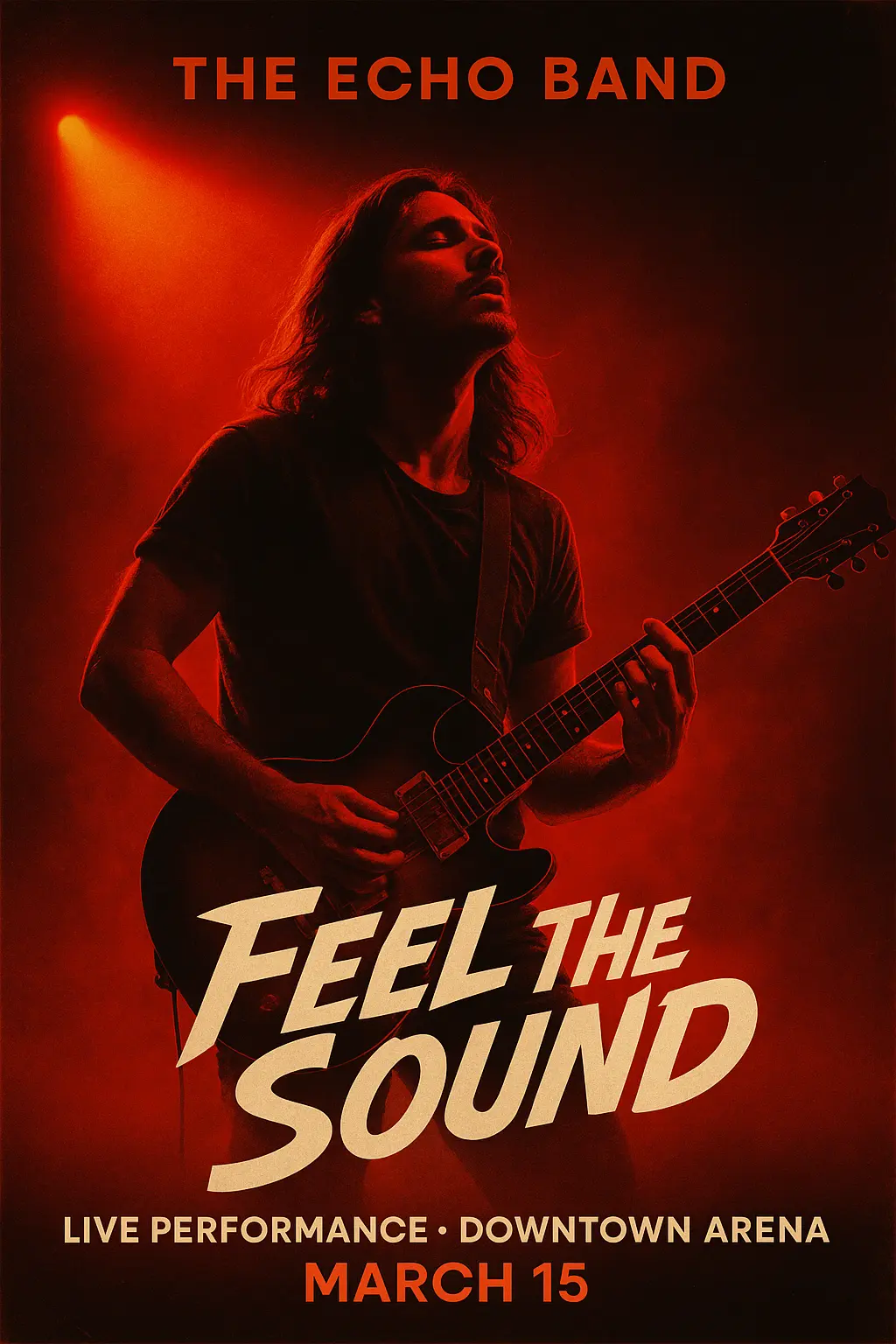 Concert Poster template with guitarist performing in red lighting