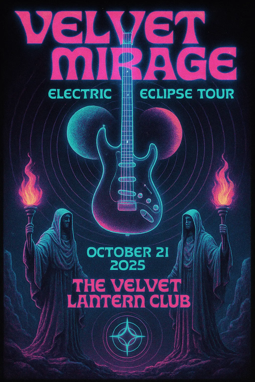 Psychedelic Concert Poster template with mirrored figures and neon glow
