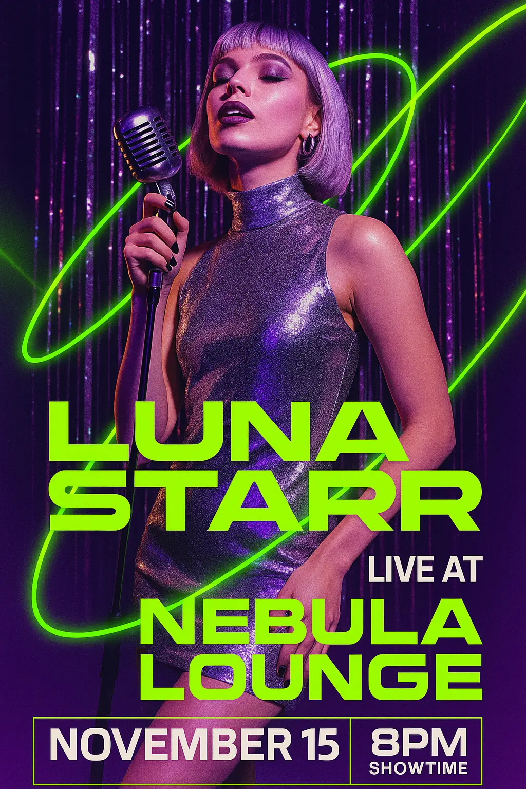 Glam modern Concert Poster template with singer and neon accents