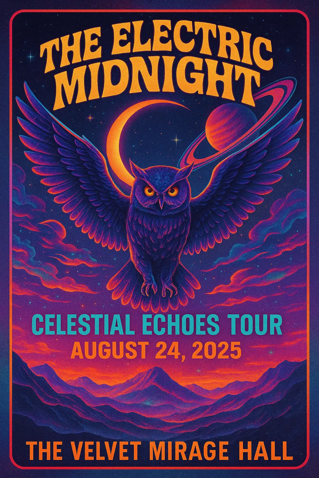 Retro psychedelic Concert Poster template with glowing owl and moon
