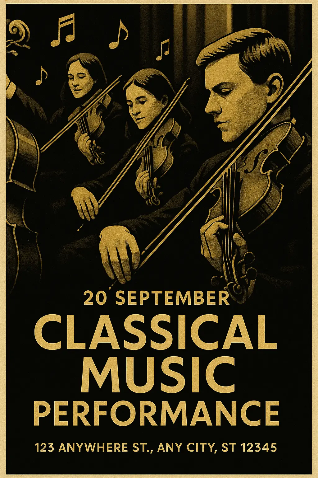Classical Concert Poster template with musicians and gold accents