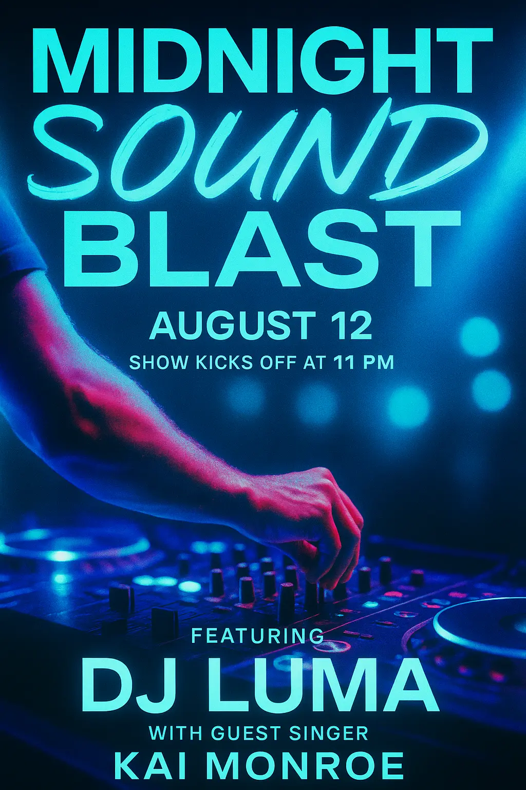 Concert Poster template with DJ and neon club lighting