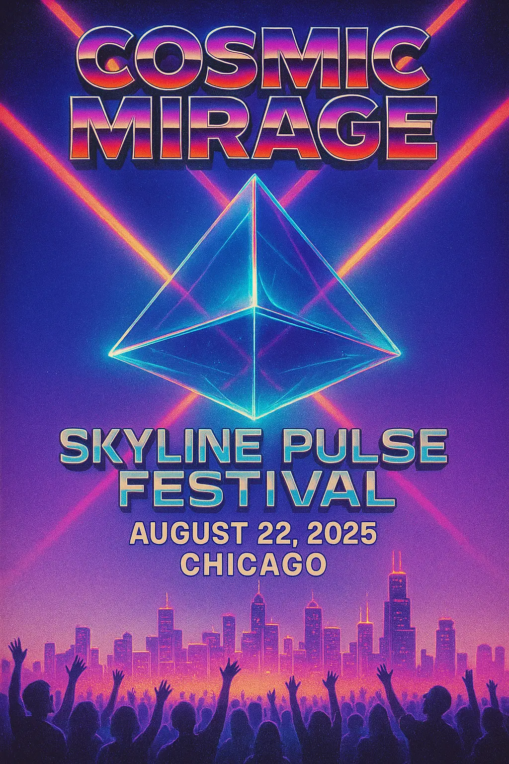 Retro neon Concert Poster template with pyramid and crowd